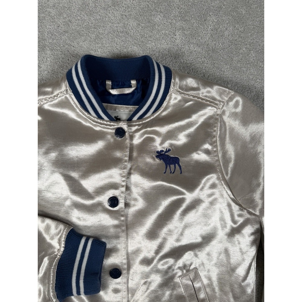 Abercrombie Kids Metallic Bomber Satin Jacket Gold Silver Blue Varsity Snap 9/10